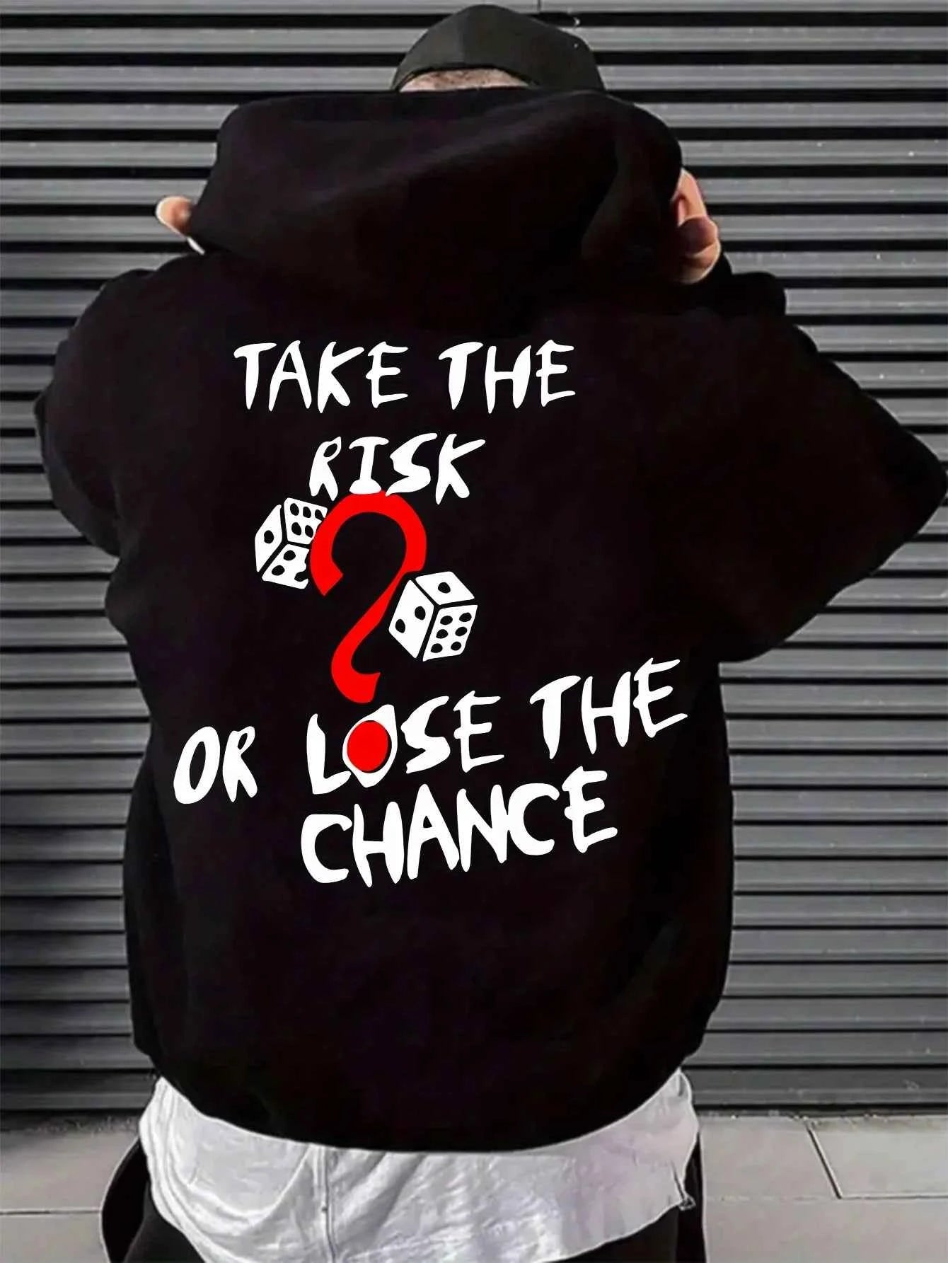 "Take a Risk" Men's Hoodie, Loose Fit, Printed Pullover, Casual and Inspirational Pattern, Warm Hoodie with Printed Back
